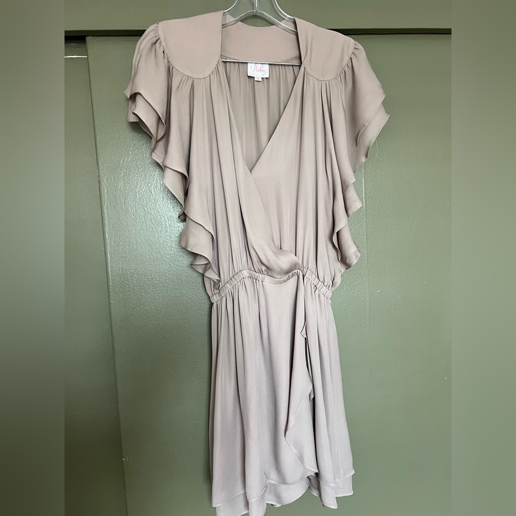 Parker Silk Wrap, Mini Dress Ruffled Sleeves, Size Xs In Mauve